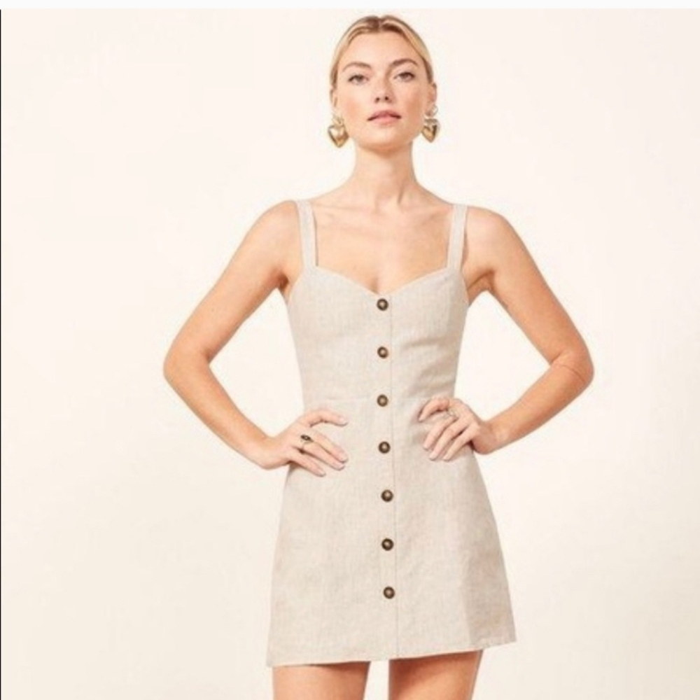 Reformation Beige Button-Front Mini Dress